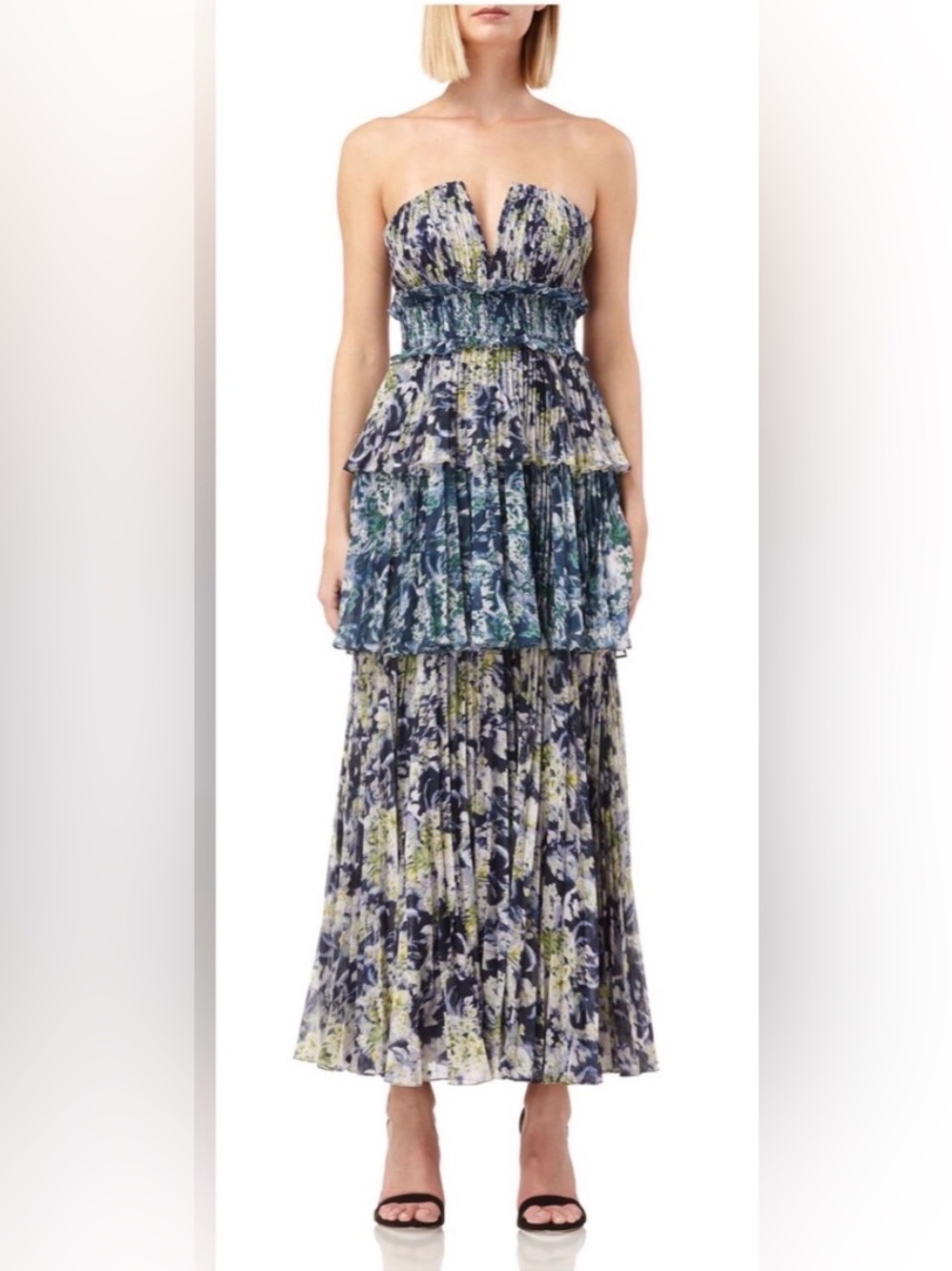 AMUR Blue Green Floral Tiered Strapless Dress